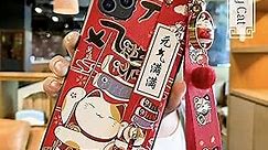 Compatible with Lucky Cat iPhone 11 Pro Case with Lanyard, 5.8 inch Cute Japanese Cat Design, Kawaii Glitter Luxury Soft Silicone 3D Emboss Phone Cover Case with Wrist Strap (iPhone 11 Pro, Red)