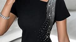 Chic Me - Rhinestone Decor Asymmetrical Neck T-Shirt...