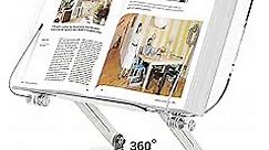 Acrylic Book Stand for Reading, Amasrich Adjustable Holder with 360° Rotating Base & Page Clips, Foldable Desktop Ricer for displaying Cookbook, Sheet Music,Laptop,Recipe,Textbook,Hands Free,Aluminium