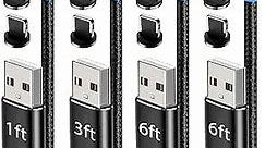 Terasako Magnetic Charging Cable 4-Pack [1ft/3ft/6ft/6ft], 360° Rotating Magnetic Phone Charger Cable with LED Light, 90° Angle Connector, Nylon-Braided Cords