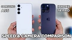 Samsung A55 vs iPhone 14 Pro SPEED TEST & CAMERA Comparison | Zeibiz