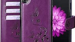 iPhone XR Wallet Case with 4 Card Holder for Women, Detachable Cover Flip Folio PU Leather Wrist Strap Removable Magnetic Kickstand with Floral Flower Design for Girls - Purple