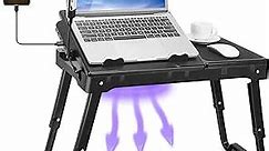 Laptop Desk for Bed, Adjustable Laptop Bed Table with Fan, Portable Lap Desk with Foldable Legs, Laptop Stand for Couch Sofa Bed Tray with LED Light, 4 USB Ports, Storage, Mouse Pad