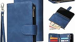 UEEBAI Wallet Case for iPhone XR, Premium Vintage PU Leather Magnetic Closure Handbag Zipper Pocket Cover Kickstand Card Holder Slots with Wrist Strap TPU Shockproof Flip Case for iPhone XR - Blue