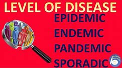 Level of disease: epidemic, endemic, pandemic, sporadic disease