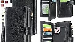 Harryshell Compatible with iPhone 15 / iPhone 14 / iPhone 13 6.1 inch 5G Wallet Case Detachable Removable Phone Cover Zipper Cash Pocket Multi Card Slots Wrist Strap Lanyard (Black)