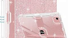 iPad Air 5th Generation Case 2022 / iPad Air 4th Gen Case 2020 10.9 Inch with Pencil Holder, Auto Wake/Sleep, Sparkly Glitter Trifold Stand Leather Cover with Shiny Clear TPU Back, Rose Gold