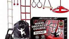 Ninja Obstacle Course for Kids Backyard - 10 Durable Obstacles and 50' Slackline - Outdoor Warrior Obstacle Playset Equipment for Girls & Boys with Monkey Bars, Ladder, Wheel, Gymnastics, Climbing Net