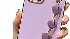 Square Case Compatible with iPhone 11 Pro Max Purple Soft TPU Plating Bumper Case with Love Heart Wristband Chain Cute Pretty Protective Cover for iPhone 11 Pro Max for Women Girls