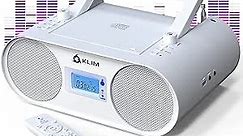 KLIM Boombox B4 CD Player Portable Audio System - New 2024 - AM/FM Radio with CD Player MP3 Bluetooth AUX USB - Wired & Wireless Mode Rechargeable Battery - Remote Control Autosleep Digital EQ White