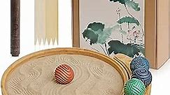 Japanese Zen Garden Kit for Desk - Premium Sand Garden - Mini Zen Décor Office Desktop Accessories - Bamboo Crafted Meditation Therapy Tray - Gift Set - 4 Stamp Spheres Natural Rake Custom Holder