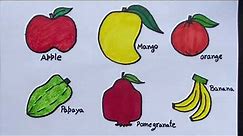 Fruits drawing for kids. Easy way to learn fruits drawing. Apple, mango, banana, pomegranate drawing