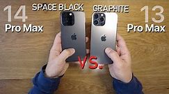 Color comparison between iPhone 14 Pro Max in Space Black and iPhone 13 Pro Max in Graphite