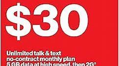 Total by Verizon $30 No-Contract Single-Device Plan Unlimited Talk, Text & 5 GB at High Speed [Physical Delivery]