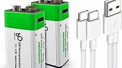 USB 9V Lithium ion Rechargeable Battery, High Capacity 650mAh Rechargeable 9V Battery, 1.5 H Fast Charge, 1200 Cycle with Type C Port Cable, 2-Pack