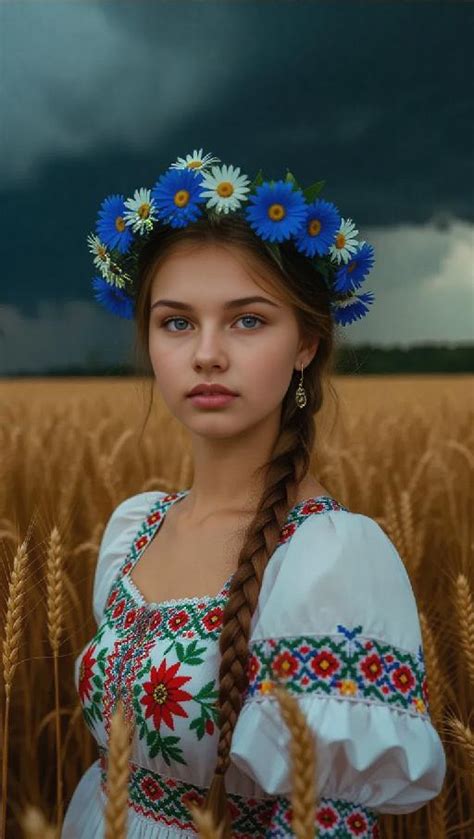 AI-Generated Ukrainian Girl in Cornflower Daisy Wreath, Embroidered ...