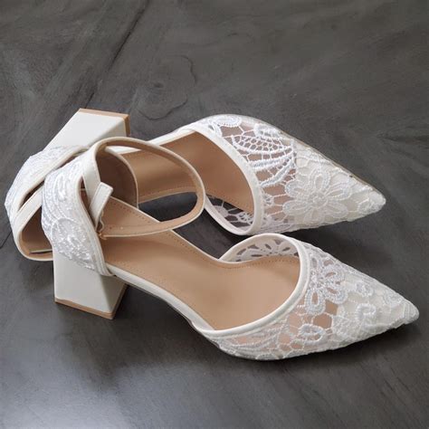 Ivory Floral Lace Bridal Heels, Pointed Toe Wedding Shoes, Mid Block ...