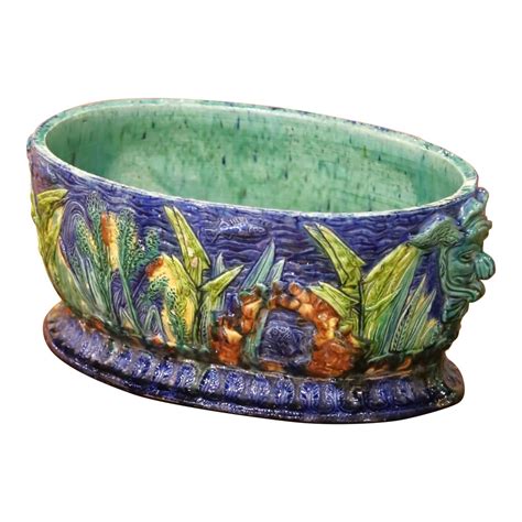 19th Century French Majolica Barbotine Cache Pot With Maskaron Handles | Chairish