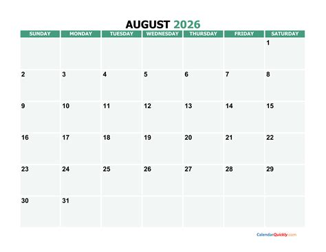 August Calendar 2026 Printable Free