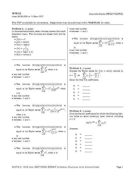 MATH V 101B Integral Calculus Assignments & Taylor Series Problems - Studocu