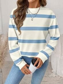 SHEIN LUNE Women's Blue White Striped Sweatshirt,Loose Fit Crew Neck ...