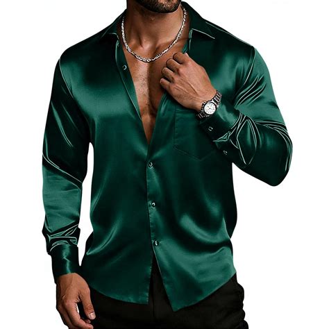 Mens Silk Satin Dress Shirts Long Sleeve Button Down Shirt with Pocket ...