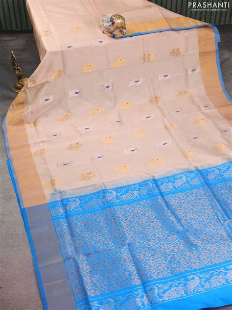 Pure uppada silk saree cream and cs blue with silver & gold zari woven ...