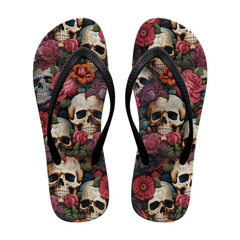 Chririnla Women's Flower Skull Print Flip Flops Lightweight Soft ...