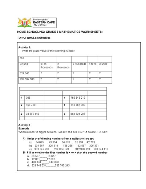 EASTERN CAPE EDUCATION GRADE 6 MATH WORKSHEETS: WHOLE NUMBERS & DECIMAL ...