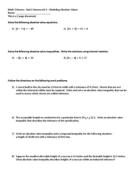 Math 3 Honors: Unit 1 Homework 5 - Modeling Absolute Values - Studocu