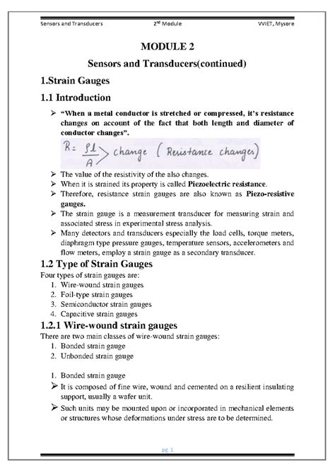 Module 2: Sensors and Transducers - Strain Gauges Overview VVIET - Studocu