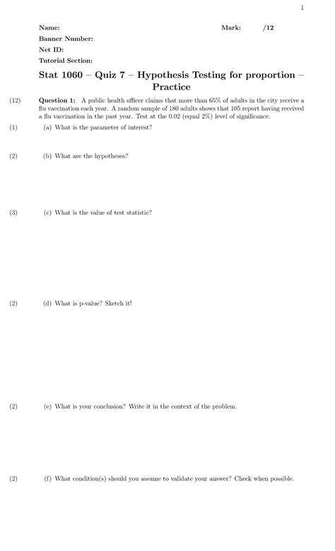 Stat 1060 Quiz 7: Hypothesis Testing for Proportions Practice - Studocu