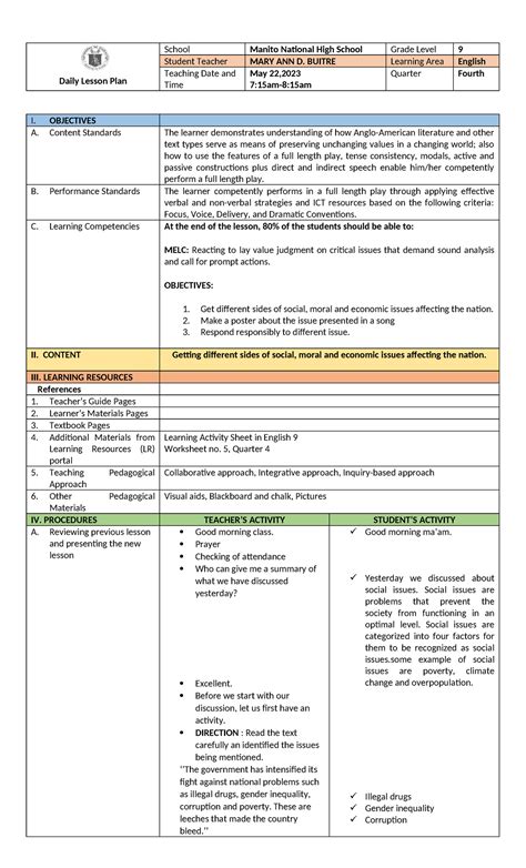 Daily Lesson Plan: Understanding Social, Moral, and Economic Issues ...