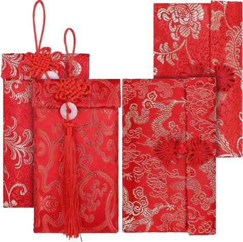 4 Pcs Silk Red Envelopes Chinese Dragon and Phoenix Embroidered Chinese Red Pocket Lucky Pockets ...