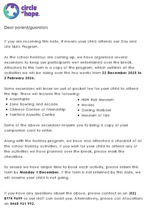 School Holiday Program Permission Form - Day & Life Skills 5 - Studocu