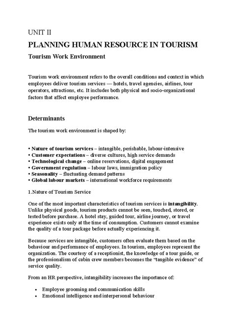 UNIT II-HRM-Notes: Planning Human Resources in Tourism - Studocu