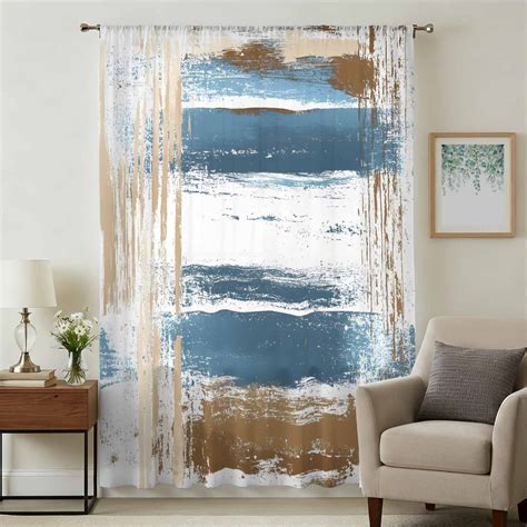 Blue Brown Ombre Sheer Curtains 96 Inches Long, Retro Shabby Abstract ...