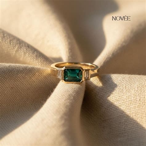 Buy Green Emerald Diamond Baguette Ring Geometric Yellow Gold East-west ...
