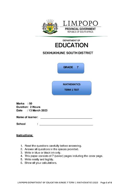 SEKHUKHUNE SOUTH DISTRICT GRADE 7 MATHEMATICS TERM 1 TEST 2023 - Studocu