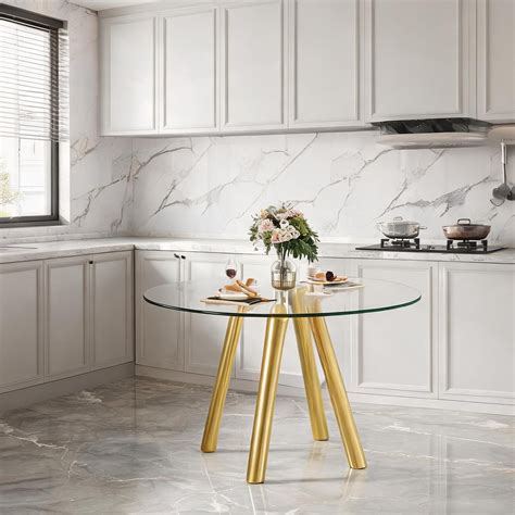 Watnature Round Dining Table with Tempered Glass Top and Gold Metal ...