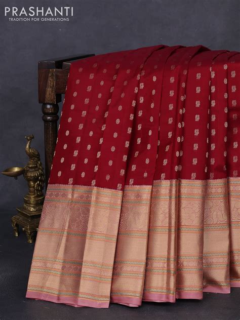 Pure kanchipuram silk saree maroon and pastel peach with allover zari ...