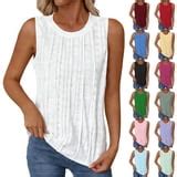 Asxite Tank Tops for Women Sleeveless Solid Color Round Neck Pleated ...