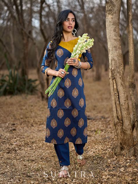 Navy Blue Cotton Kurta with Contrast Mustard Yoke and Printed Buttas ...