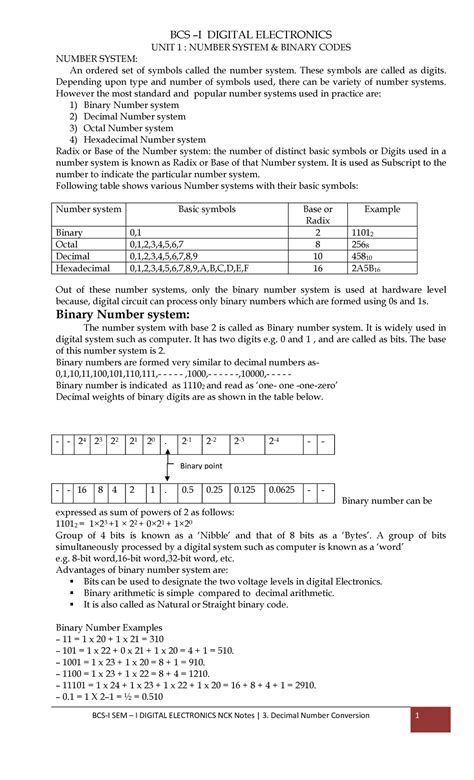BCS DIGITAL ELECTRONICS SEM I: Number Systems & Binary Codes - Studocu