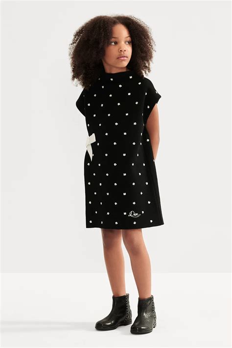 Kids' A-Line Dress Black Wool Punto Milano Knit with Ivory Clover Motif | DIOR