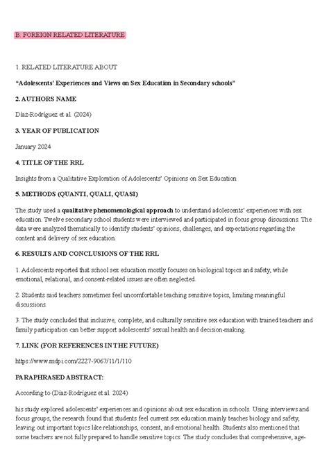 RRL on Sex Education Experiences in Secondary Schools (20260209) - Studocu