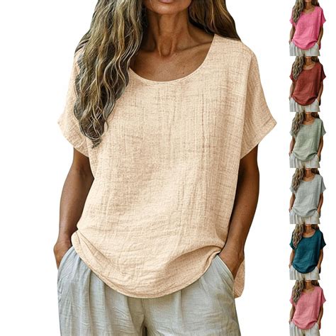 Auralook Womens Linen Tops Short Sleeve Round Neck Tee Shirts Cute Dressy Casual Clothing ...