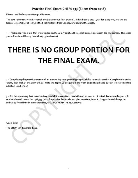 Practice Final Exam Review for CHEM 233 (2018) - Studocu