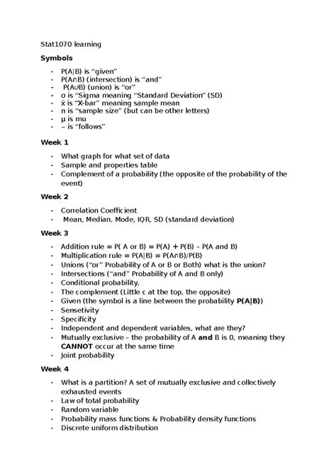 Stat1070 - Lecture Notes: Probability, Statistics & Analysis - Studocu