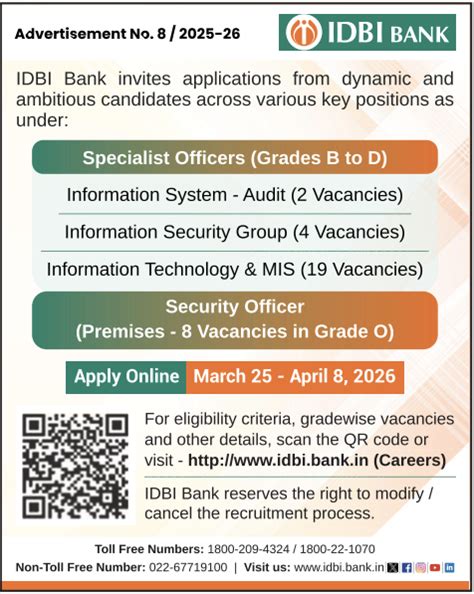 IDBI Bank Specialist Officer Recruitment 2026: Apply Online 33 Posts
